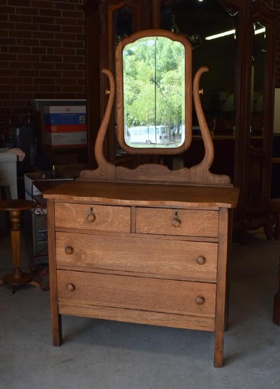 Early 20th C. Four Drawer Tiger Oak Dresser with Beveled Mirror