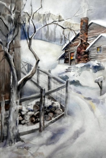 Dale Cottingham (American, XX) Snow Road by House. Watercolor on Paper, Signed Lower Left