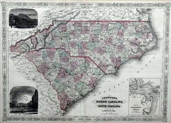 A. J. Johnson (American (1827-1884)1860s Map of No. Carolina & So. Carolina, Hand Tinted Engraving