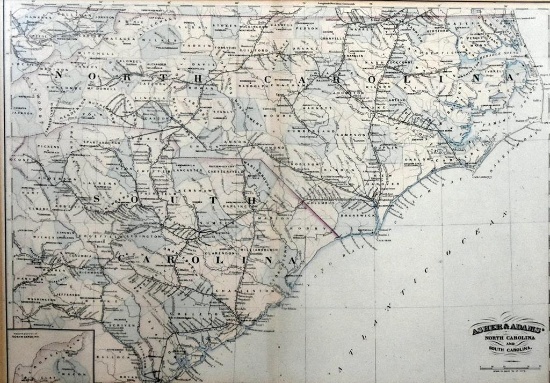 Asher & Adams' 1872 Map of No. Carolina & So. Carolina,  Hand Tinted Engraving