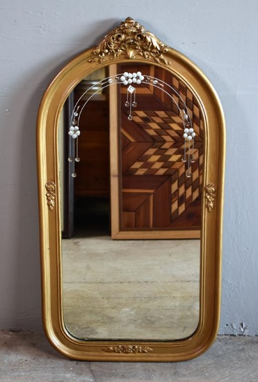 Antique Giltwood Archtop Etched Glass Wall Mirror
