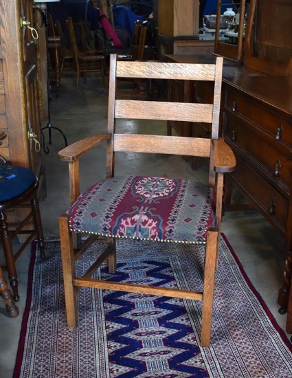 Antique Mission Style Tiger Oak Armchair with Upholstered Seat & Nailhead Trim