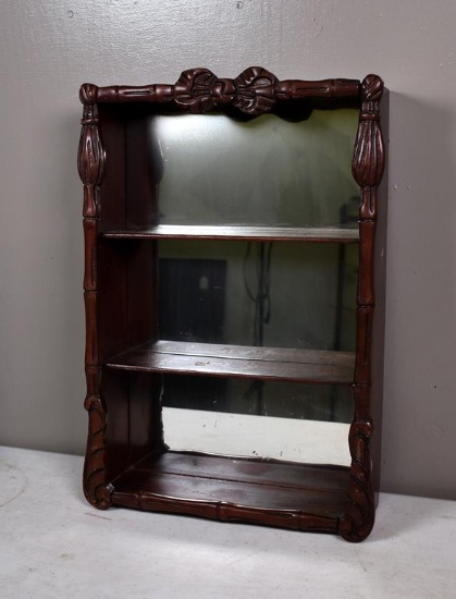 Vintage Carved Wood Three-Tier Hanging Display Shelf with Mirrored Back