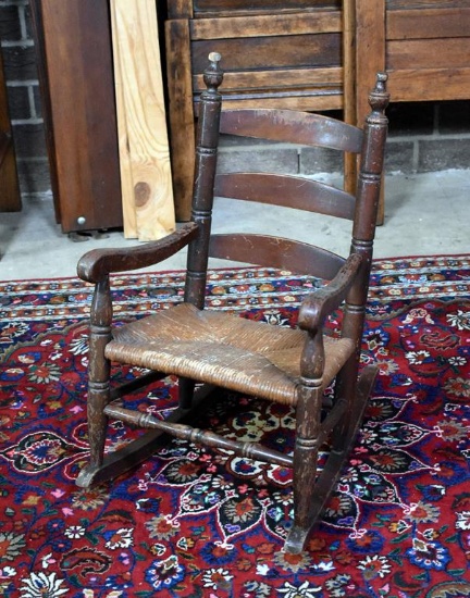 Vintage Child's Ladder Back Rocking Chair with Woven Rush Seat