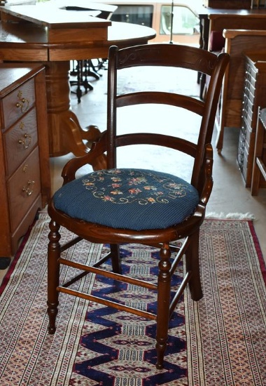 Antique Victorian Carved Walnut Side Chair with Needlepoint Seat