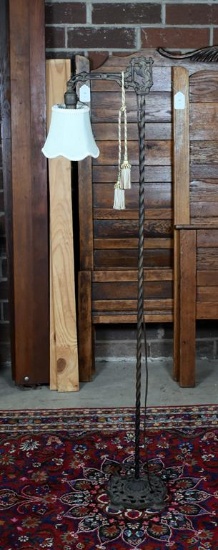 Old Gilt Finish Iron Electric Floor Lamp with Lion Motif, Paneled Cloth Shade