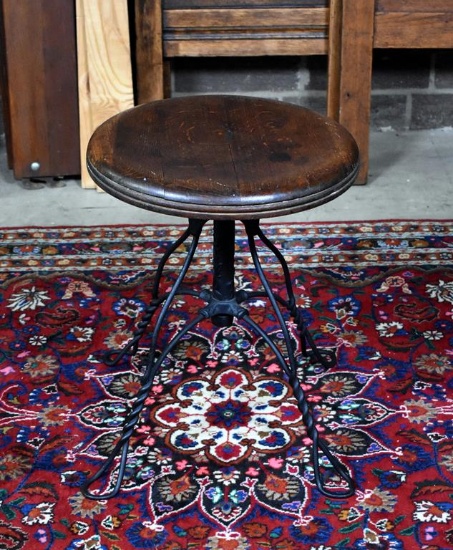 Victorian Wrought Iron Adjustable Swivel Piano or Organ Stool, Oak Seat