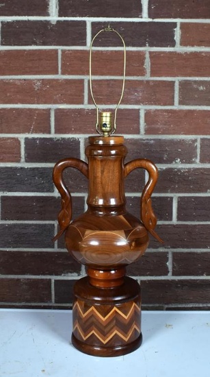 Bruce Logan “Artistry in Wood” Hand Crafted Lamp with Original Design & Swan Head Handles, VA