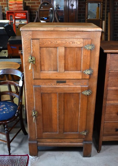 Antique New Princess Oak Ice Chest with Brass Hardware