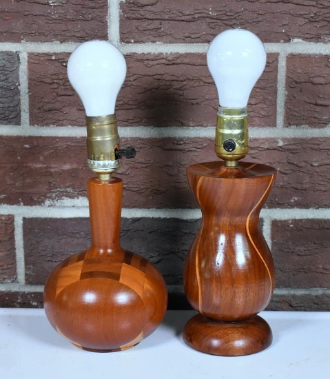 Two Smaller Bruce Logan “Artistry in Wood” Hand Crafted Lamps with Original Designs, Virginia