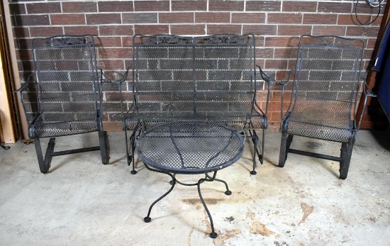 Black Metal Patio Set w/ Oak Leaf & Acorn Motif: Glider Settee, 2 Spring Rockers, Round Coffee Table