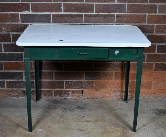 Vintage One Drawer Enamel Top Work Table with Green Base