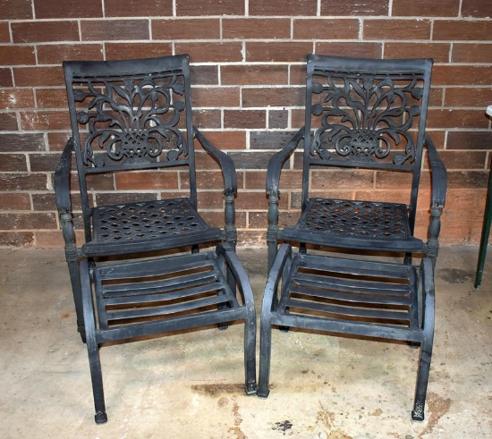 Pair of Black Cast Aluminum Patio Chairs Plus Two Coordinating Ottomans, Tulips in Planter Design