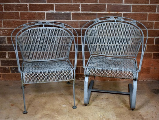 Two Mid-Century Black Barrel Back Patio Chairs with Morning Glory Motif, One Spring Rocker