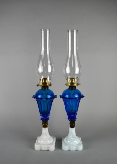 Pair of Vintage B&P Cobalt Blue & Milk Glass Queen Anne No. 2 23” Oil Lamps