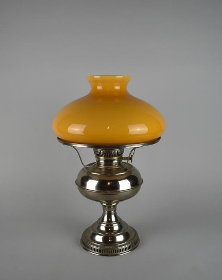 Antique Rayo Nickle Plated Metal Kerosene Lamp with Cased Glass Shade, Patented1905