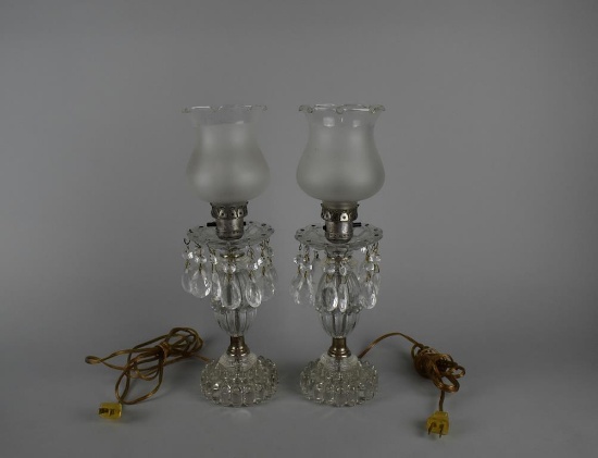 Pair of Vintage Pressed Glass Boudoir Electric Lamps with Prisms & Satin Glass Shades
