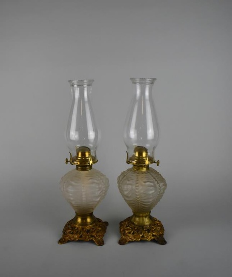 Pair of B&P / Fostoria Oil Lamps with Satin Finish Drape Pattern Fonts, Ca. 1904