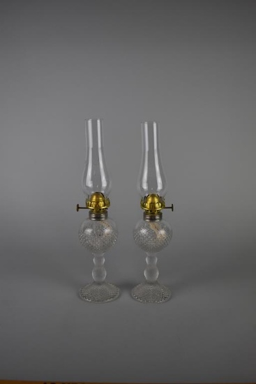 Vintage Pair of English Made 13” Quilted Diamond Point Clear Glass Oil Lamps