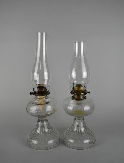 Vintage Pair of Coordinating Clear Glass P&A Eagle Brass Oil Kerosene Lamps