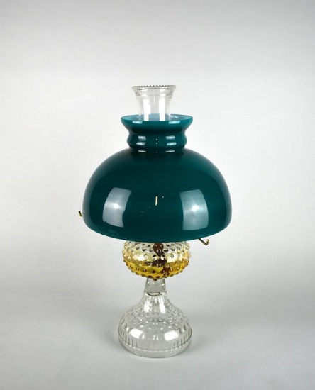 Vintage Clear Fenton Hobnail Glass P&A Oil Kerosene Lamp w/ Green/White Cased Glass Sitter Shade