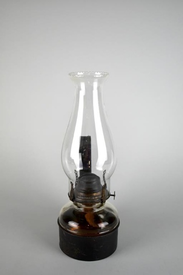 Antique P&A Manufacturing Co. Hanging Oil Lamp w/ Banner Burner & Black Metal Wall Hanger Rack