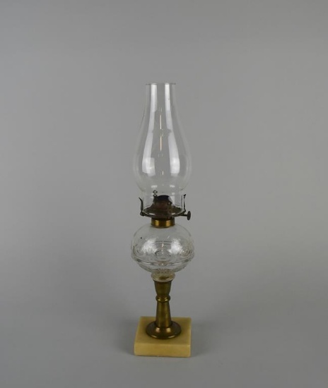 Antique Clear Glass Oil Font Lamp with Brass Column & Stone Base