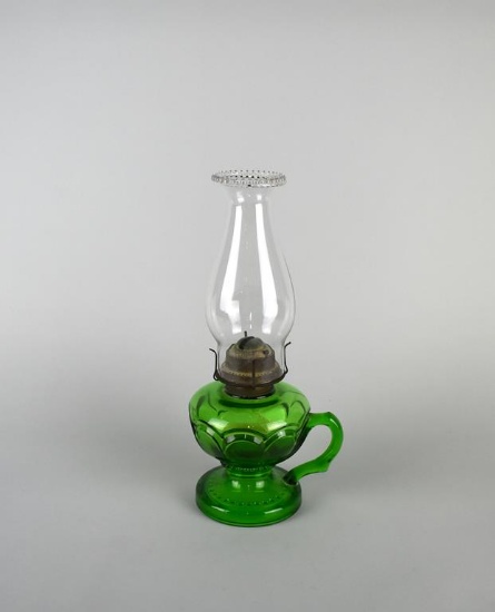 Antique Emer. Green Paneled Glass Oil Kerosene Finger Loop Lamp w/ Fireside Plume & Atwood Burner