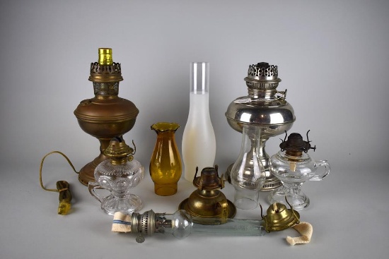 Vintage Lot of Oil Lamps, Chimneys, & Spare Parts