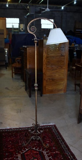 Old Art Nouveau Style Gilt Finished Metal Electric Floor Lamp with Pleated Cloth Shade