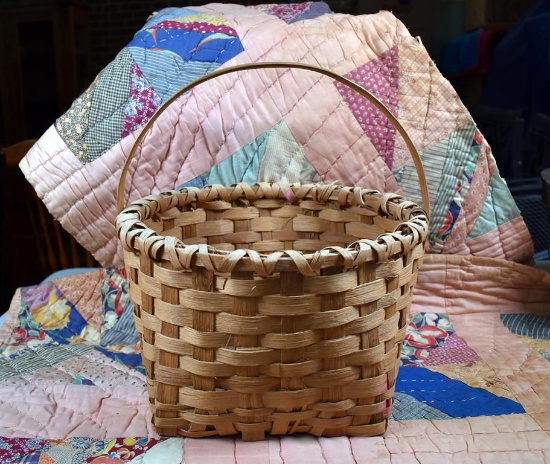 Vintage One Handle Hand-Woven Wooden Splint Gathering Basket