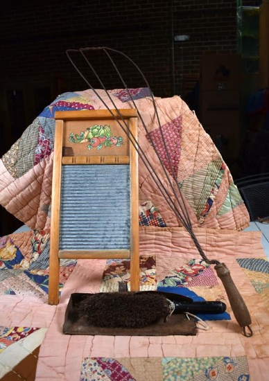 Lot of Three Vintage House Keeping Items: Rug Beater, Washboard, & Whisk Broom with Crumb Pan