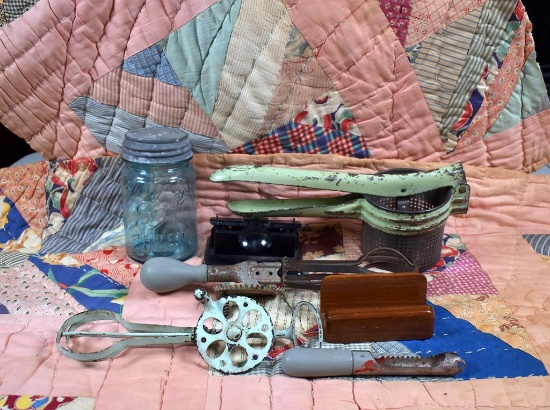 Lot of 7 Vtg. Household Items: Ball Jar, Egg Beaters, Corer, Potato Masher, Hole Punch, Card Holder