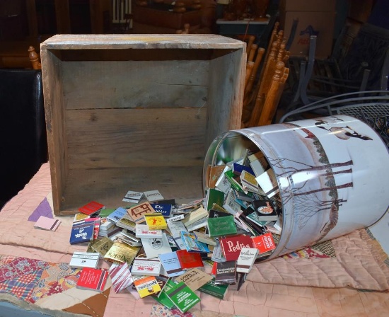 Collection of Vtg. Matches Items: Diamond Matches Wood Crate & Large Tin Containing Match Books