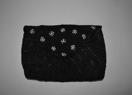 Black Hand-Beaded & Flap-Close Clutch Purse w/ Flower Design