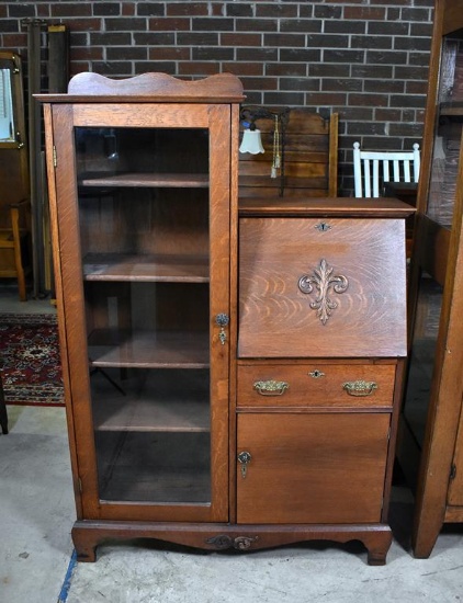 Early 20th C. Tiger Oak Drop Front Secretary Desk Side by Side Bookcase