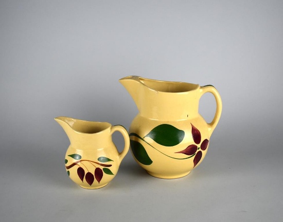 Lot of Two Watt Pottery's Hand-Painted Pitchers: Star Flower & Tear Drop Patterns, USA