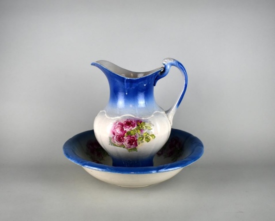 Vintage Blue & White Ironstone Wash Stand Bowl & Pitcher w/ Roses Design