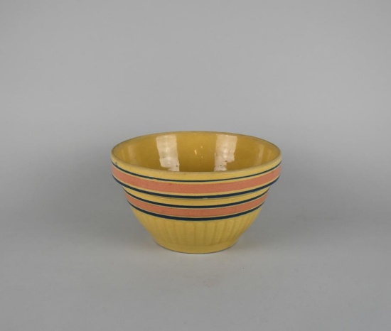 Yellowware Mixing Bowl with Peach & Blue Stripes