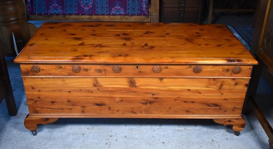 Early 20th C. West Branch Novelty Co Knotty Pine Cedar-Lined Chest on Caster Feet, Pennsylvania