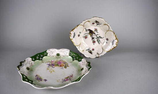 Lot of Two German/Bavaria Porcelain Dishes w/ Floral & Bird Patterns & Gilt Trim