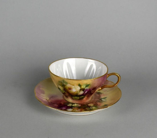 Haviland Hand-Painted Teacup & Saucer w/ Floral Spray, France