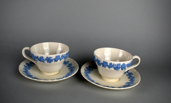 Pair of Wedgwood Embossed Queensware Teacups & Saucers Pattern No. 3258, England