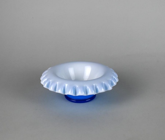 Fenton Small Blue / White Cased Glass Ruffle Edge Bowl