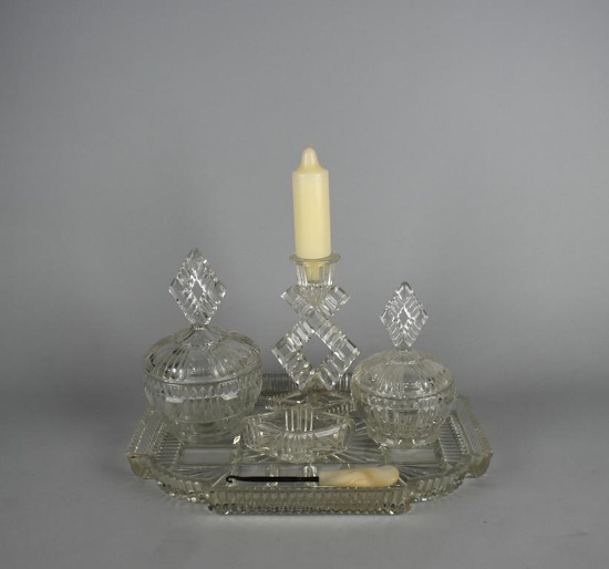 Art Deco Clear Glass Five Piece Vanity Set Plus Shoe Button Hook