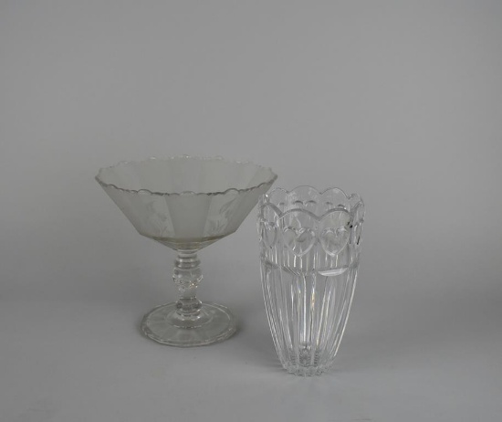 Vintage Etched Flower Clear Glass Compote & Fifth Ave. Crystal “Cherish” Vase