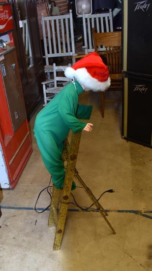 Vintage Electric Store Window Display Figure: Child Moving Arm while on Ladder to Decorate Tree