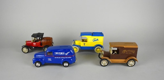 Lot of 4 Die Cast Model Car Advertising Banks: True Value, Nestle Quik, Ertl Replicas, Martin & Co.