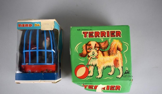Two Vintage Wind Up Mechanical Toys: Alps “Terrier” & “Singing Bird in Cage”