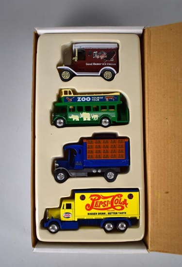 Golden Wheels Die Cast TNYSET Trucks Good Humor Ice, Pepsi-Cola, Double Decker Bus, & US Mail